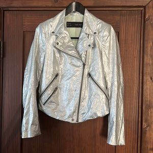 🏍 Zara Metallic Silver Moto Jacket M 🏍